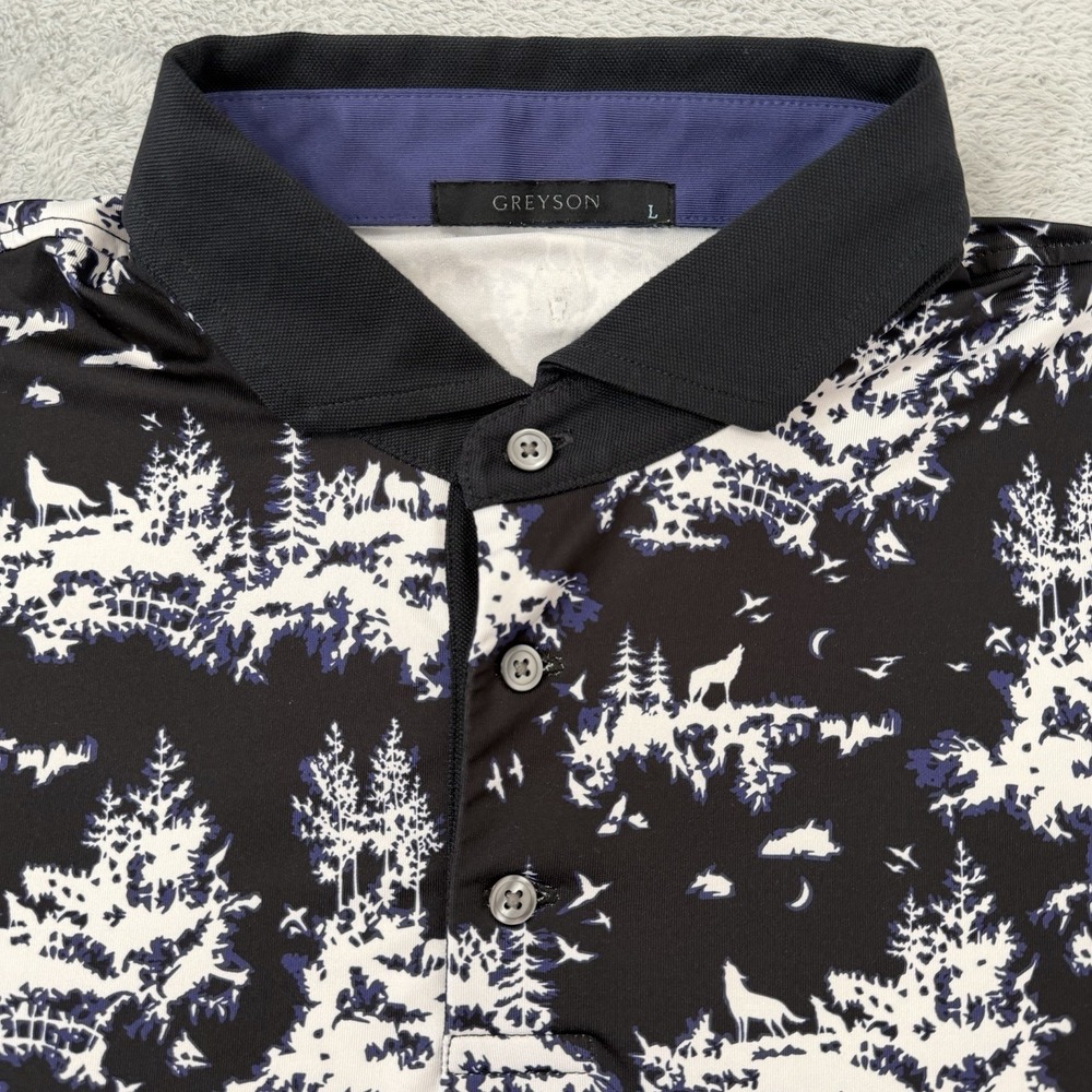 Greyson Polo Shirt Mens Large Wolf Wilderness Print Performance Stretch Golf - Picture 4 of 8